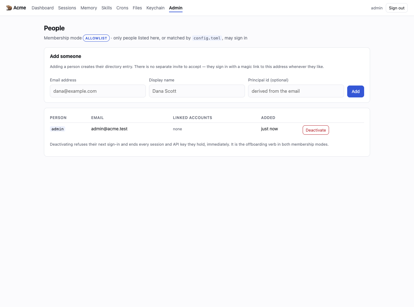 The People page. The badge at the top shows which membership mode you are running.