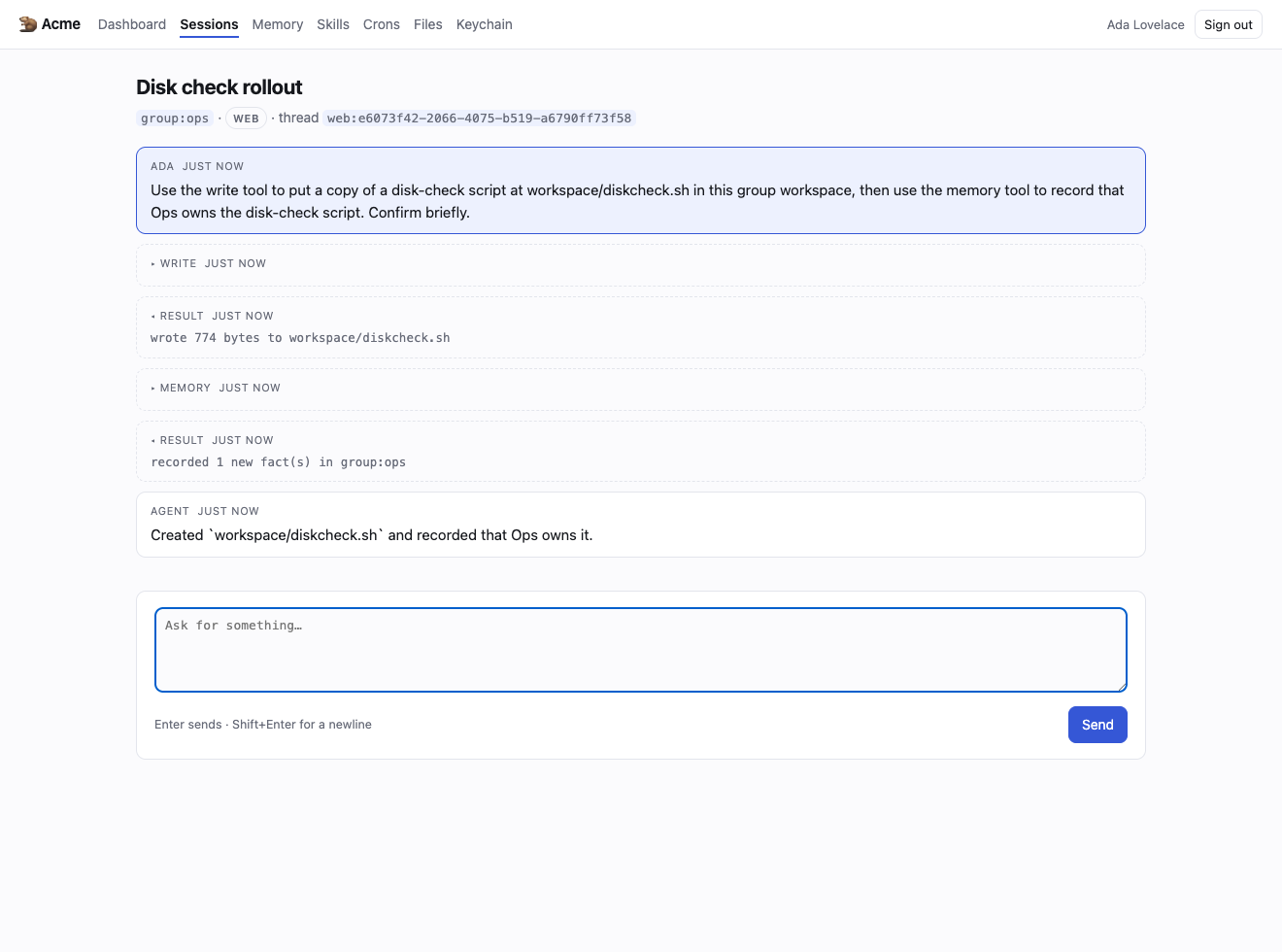 Ada working in the Ops group. The scope is shown under the title, so it is always clear whether you are somewhere private or somewhere shared.