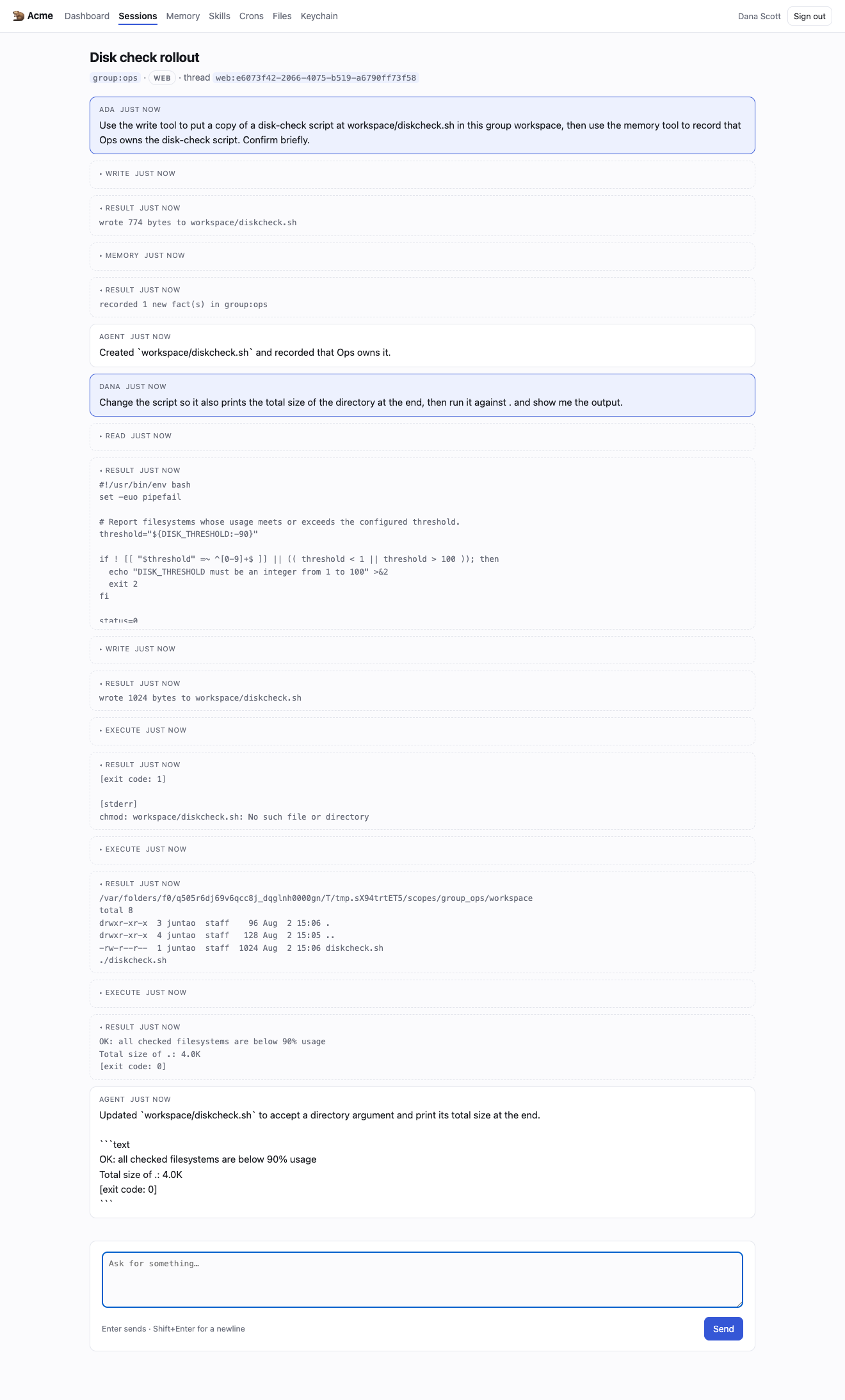 The agent made the change — in the group workspace, to the file Ada put there. One conversation, two people, one agent that has the full context of both.