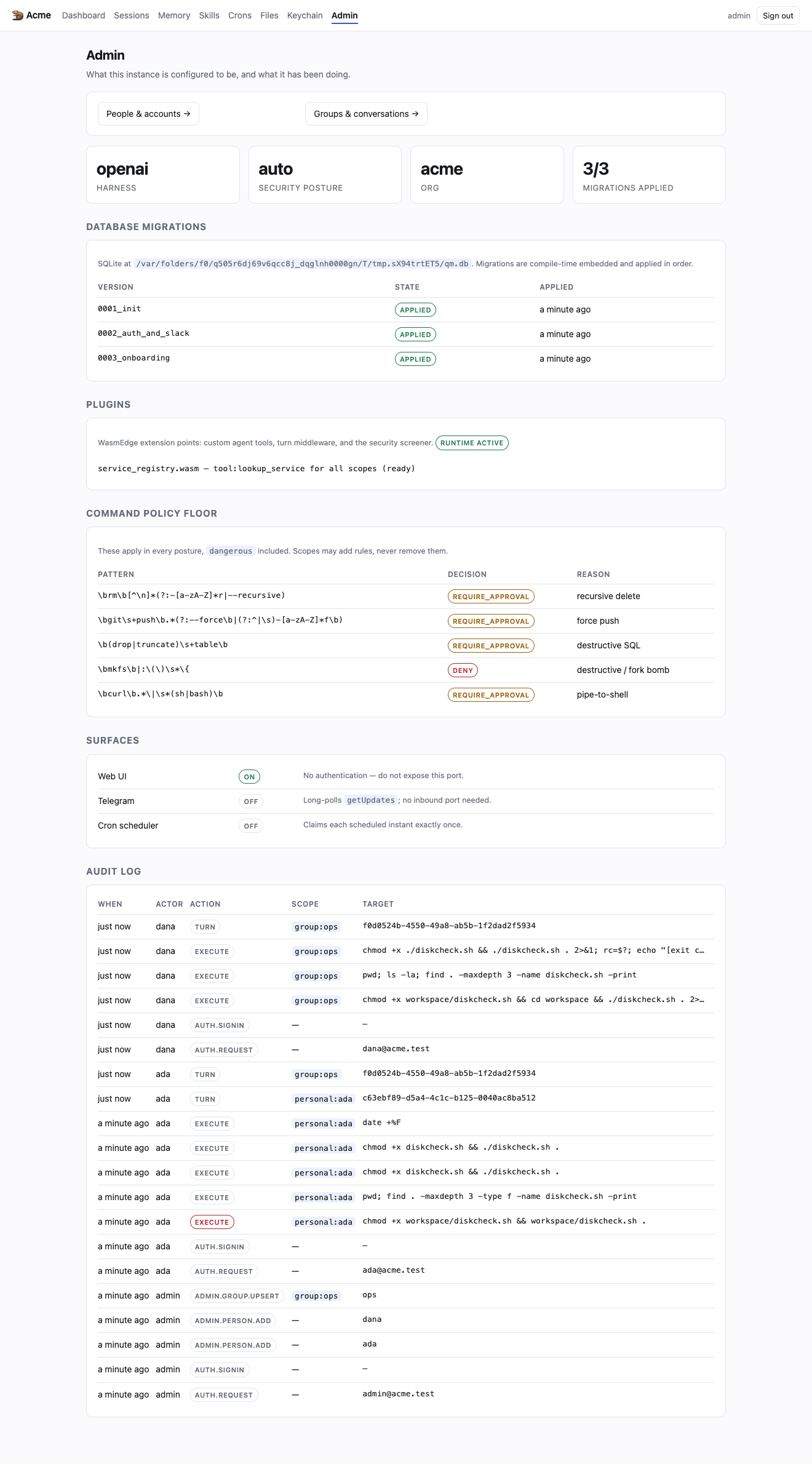 The Plugins panel: `service_registry.wasm` is loaded and offering `lookup_service` to every scope. A missing file would show as MISSING here, and a build without the wasm feature would show every module as inert.